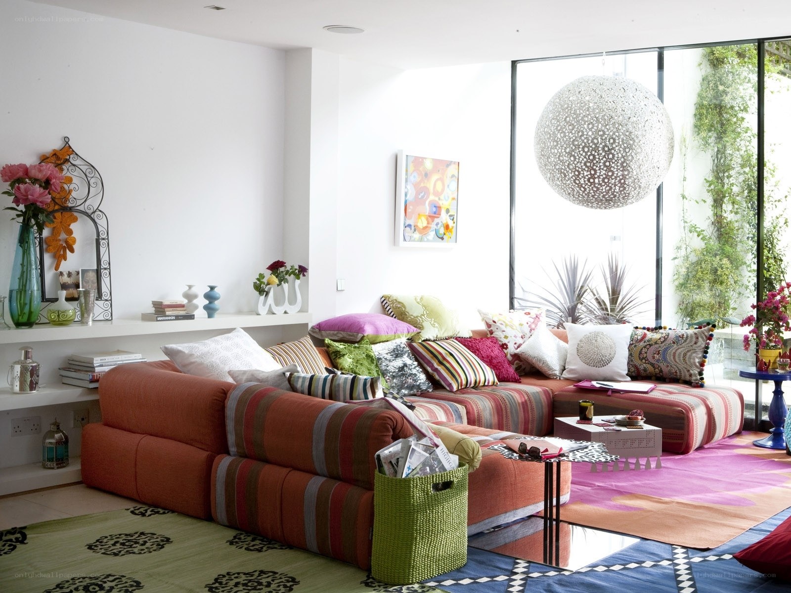 Colorful living room with patterned sofa