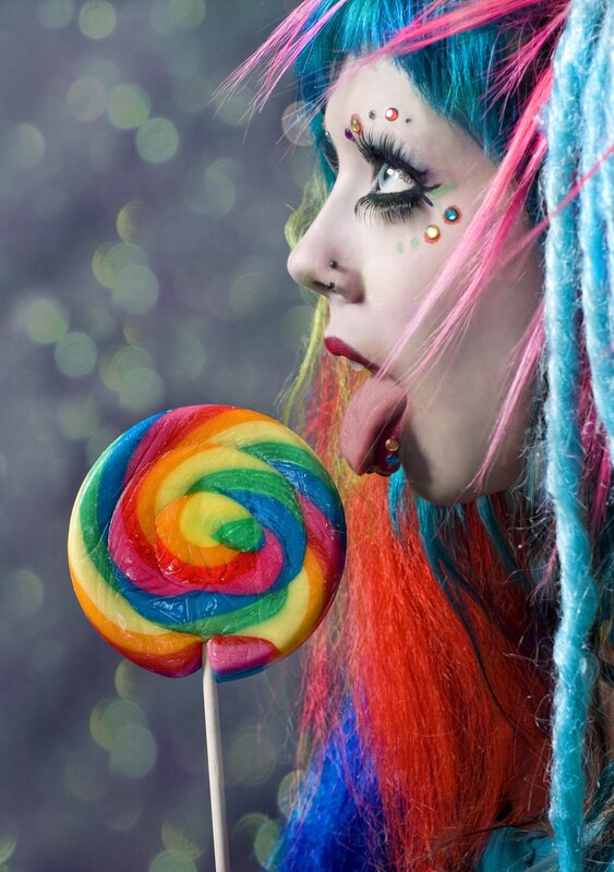 colorful lollipop and vibrant hair