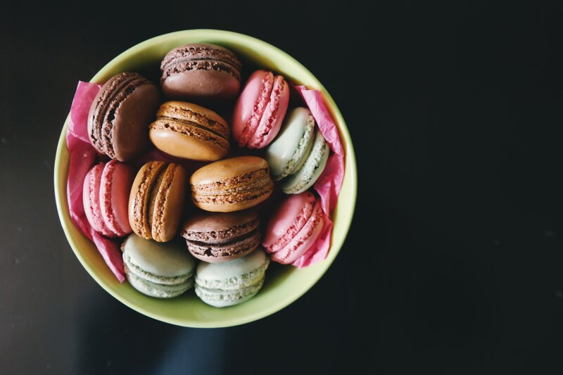 Colorful macarons in a bowl