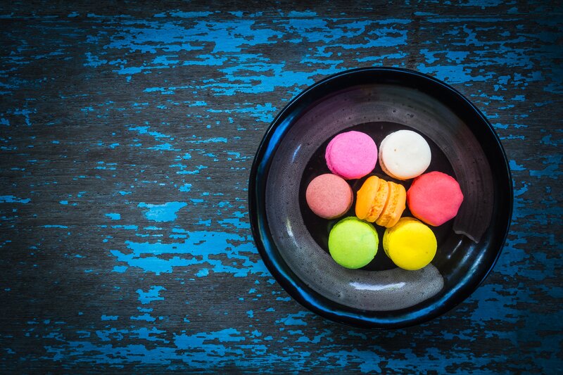Colorful Macarons in Bowl — Blue