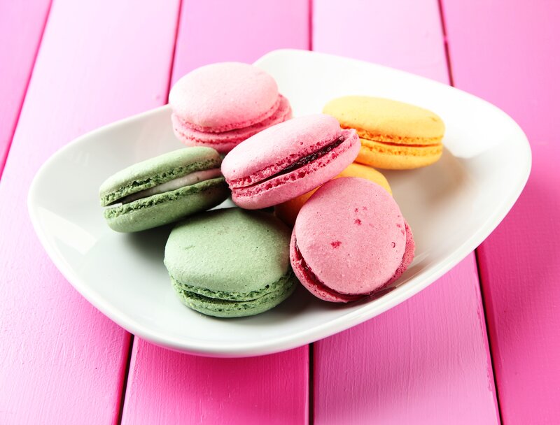 Colorful Macarons on Plate — Pink, Bright