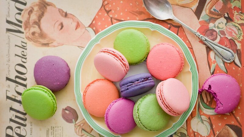 Colorful Macarons on Plate — Pink, Calm