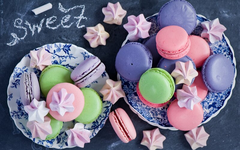 Colorful Macarons on Plates — Blue