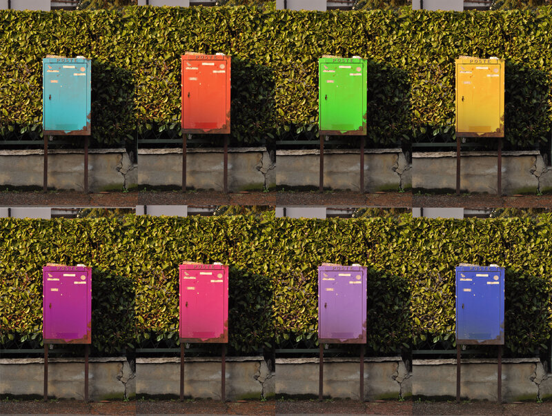Colorful mailboxes in a row