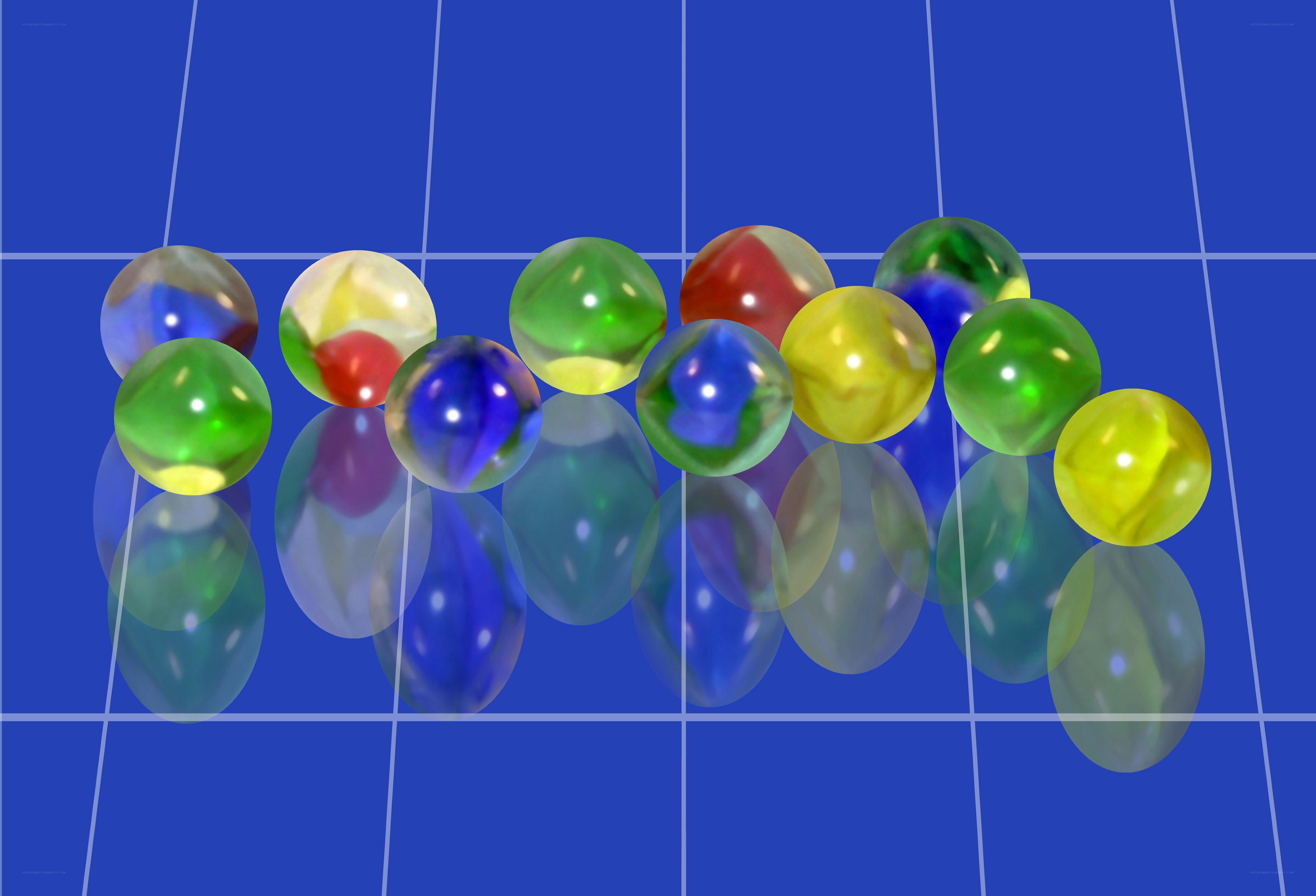 Colorful marbles on blue grid