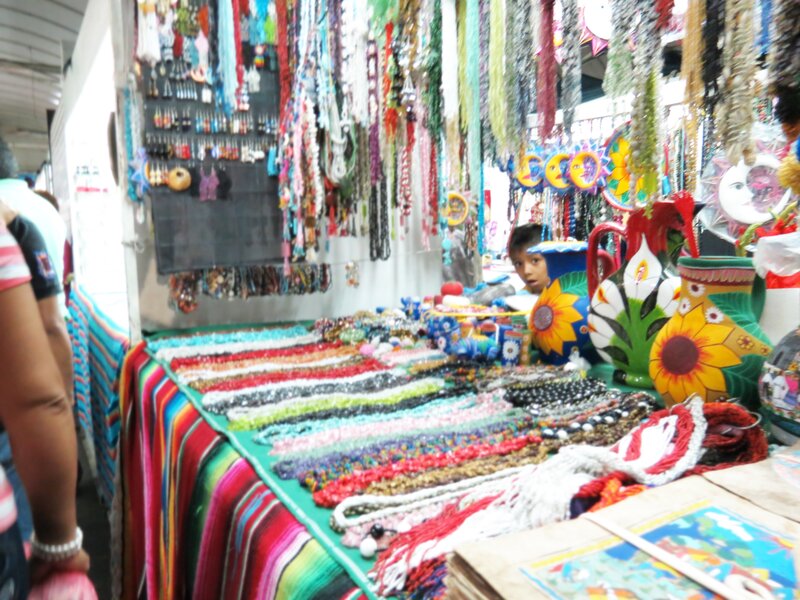 Colorful market stall with crafts