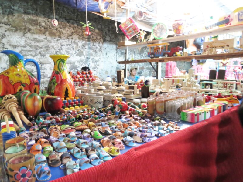 Colorful market stall with crafts