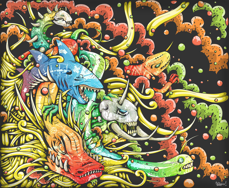 Colorful monster collage art