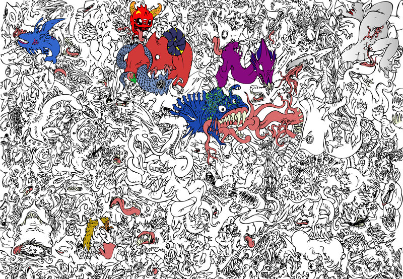 Colorful monster doodle collage