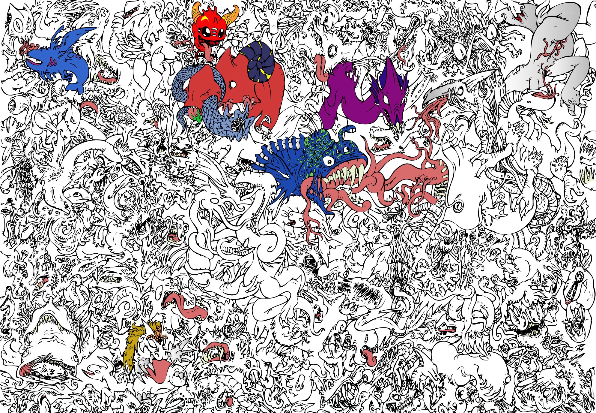 Colorful monster doodle collage