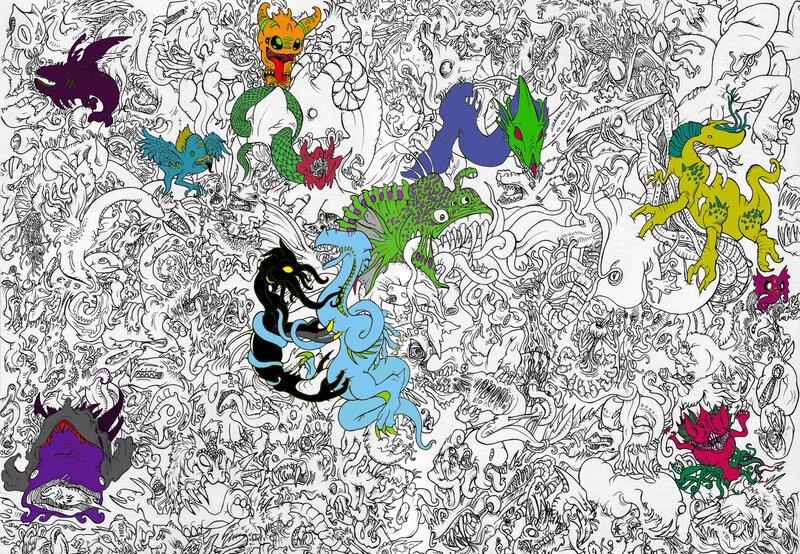 Colorful monster doodle collage