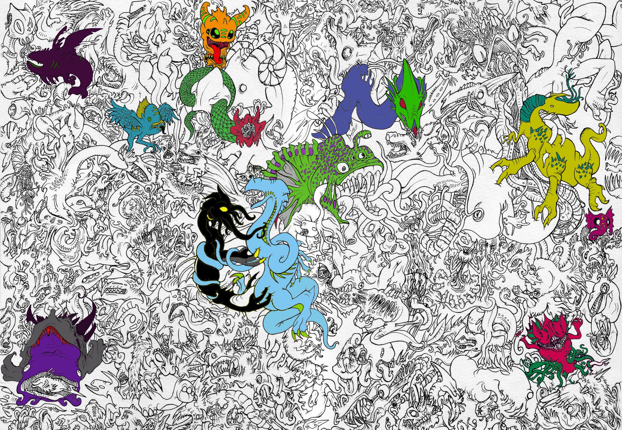 Colorful monster doodle collage