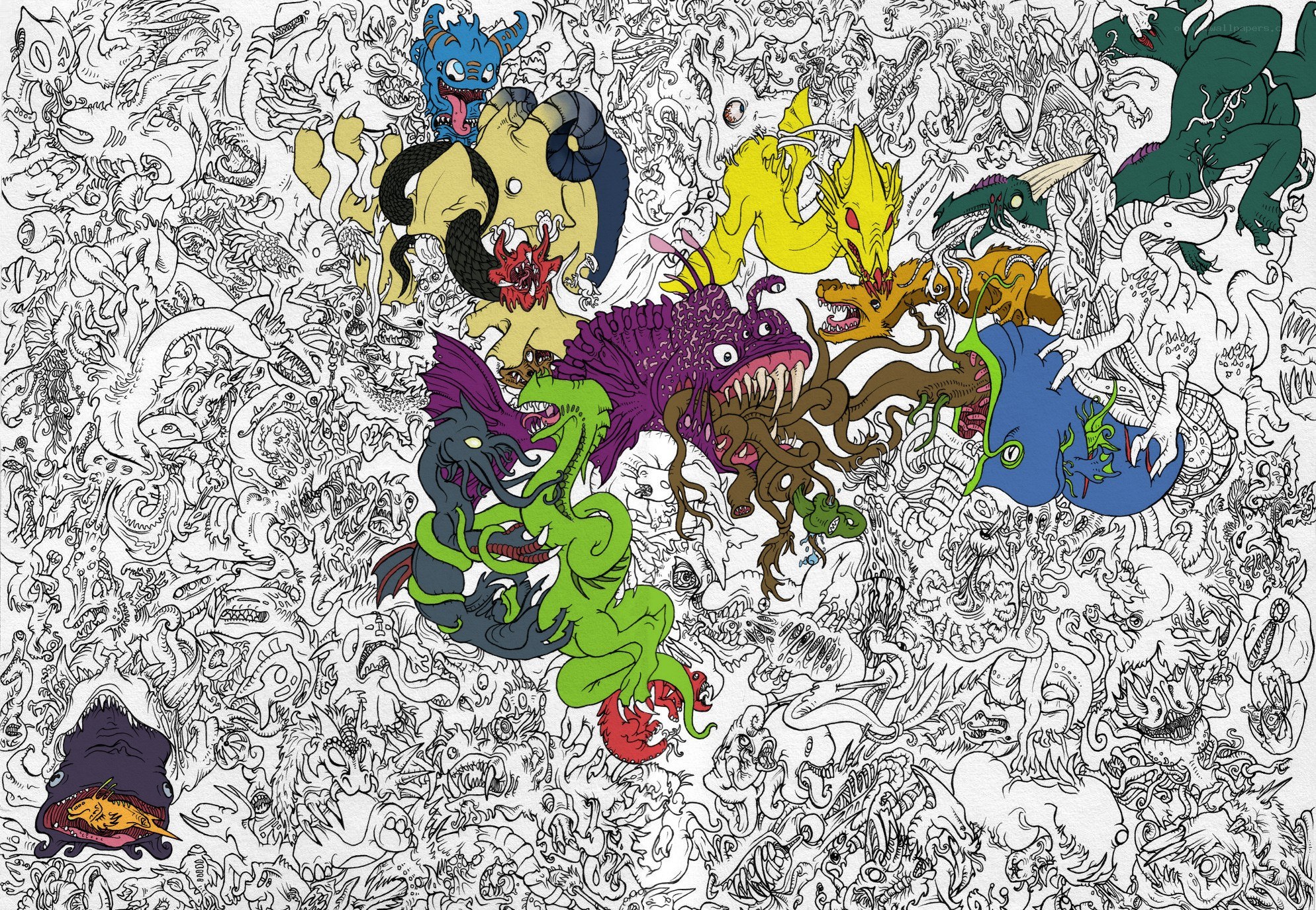 Colorful monster doodle collage