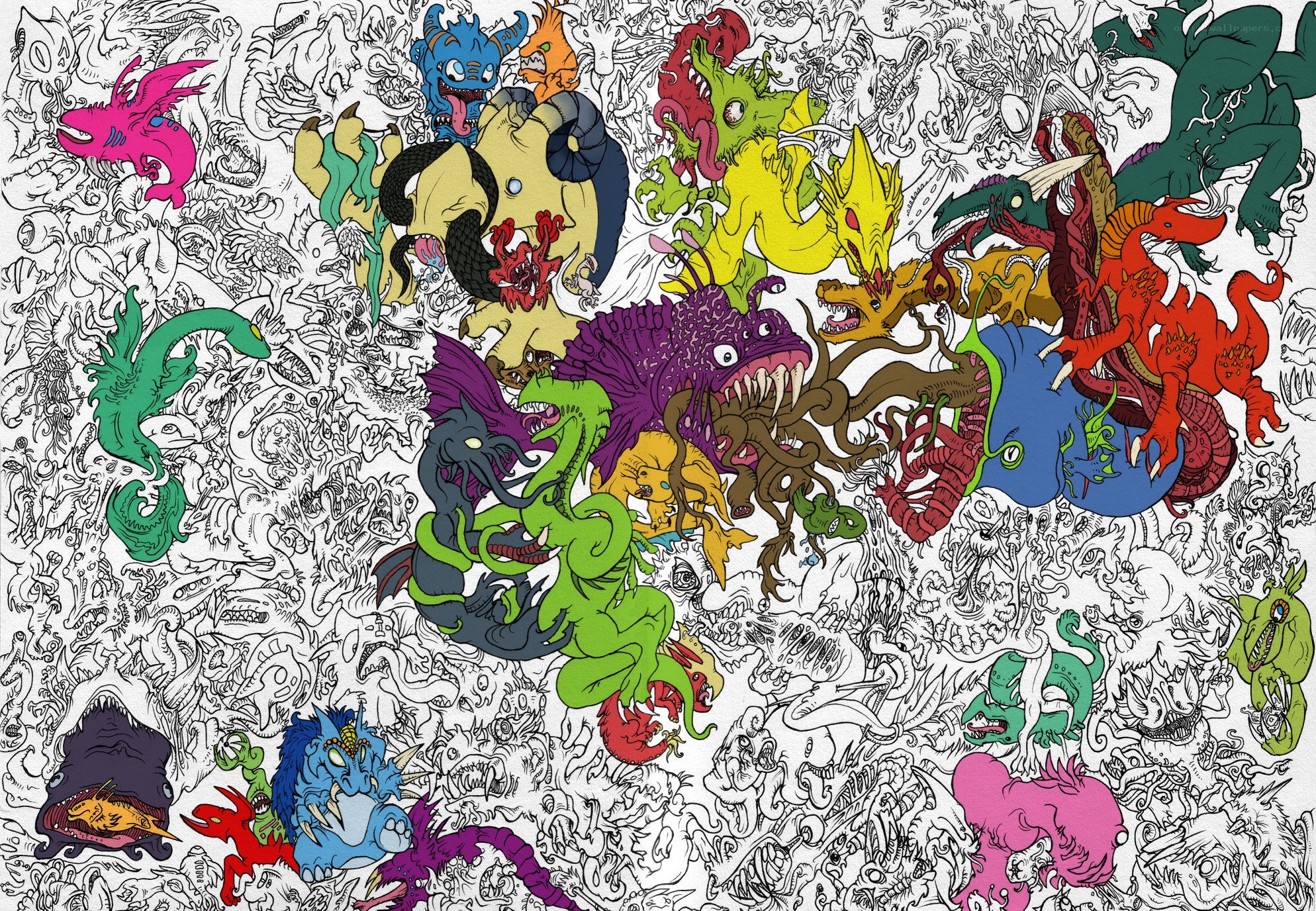 Colorful monster doodle collage