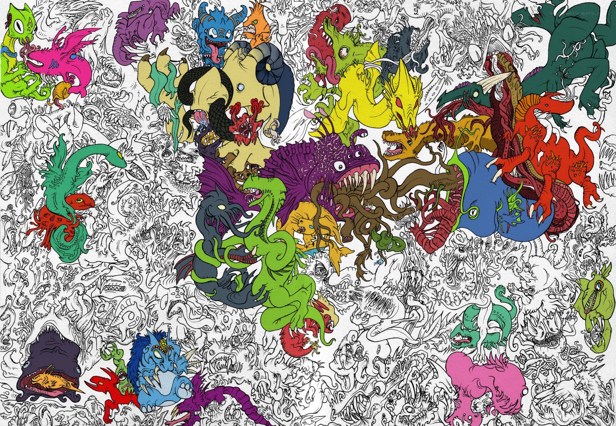 Colorful monster doodle collage