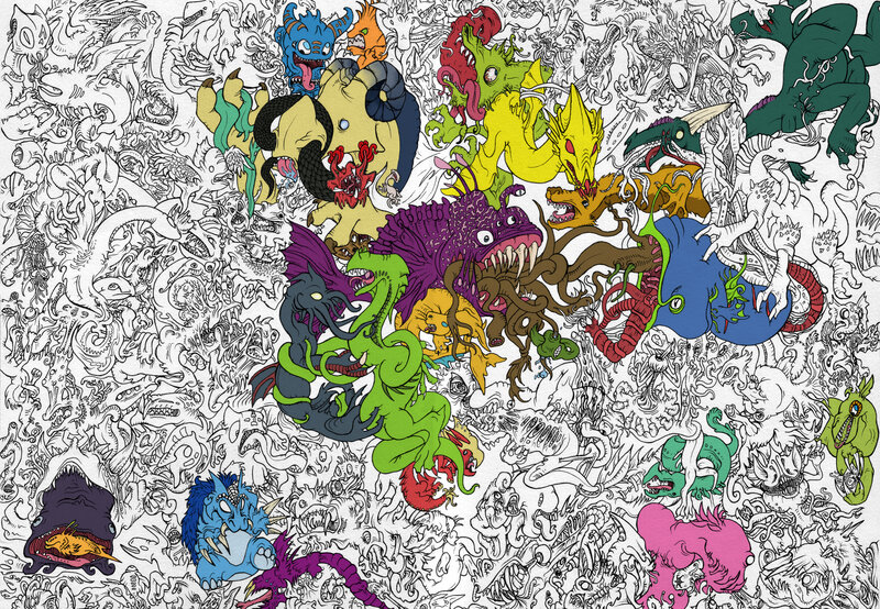 Colorful monster doodle collage