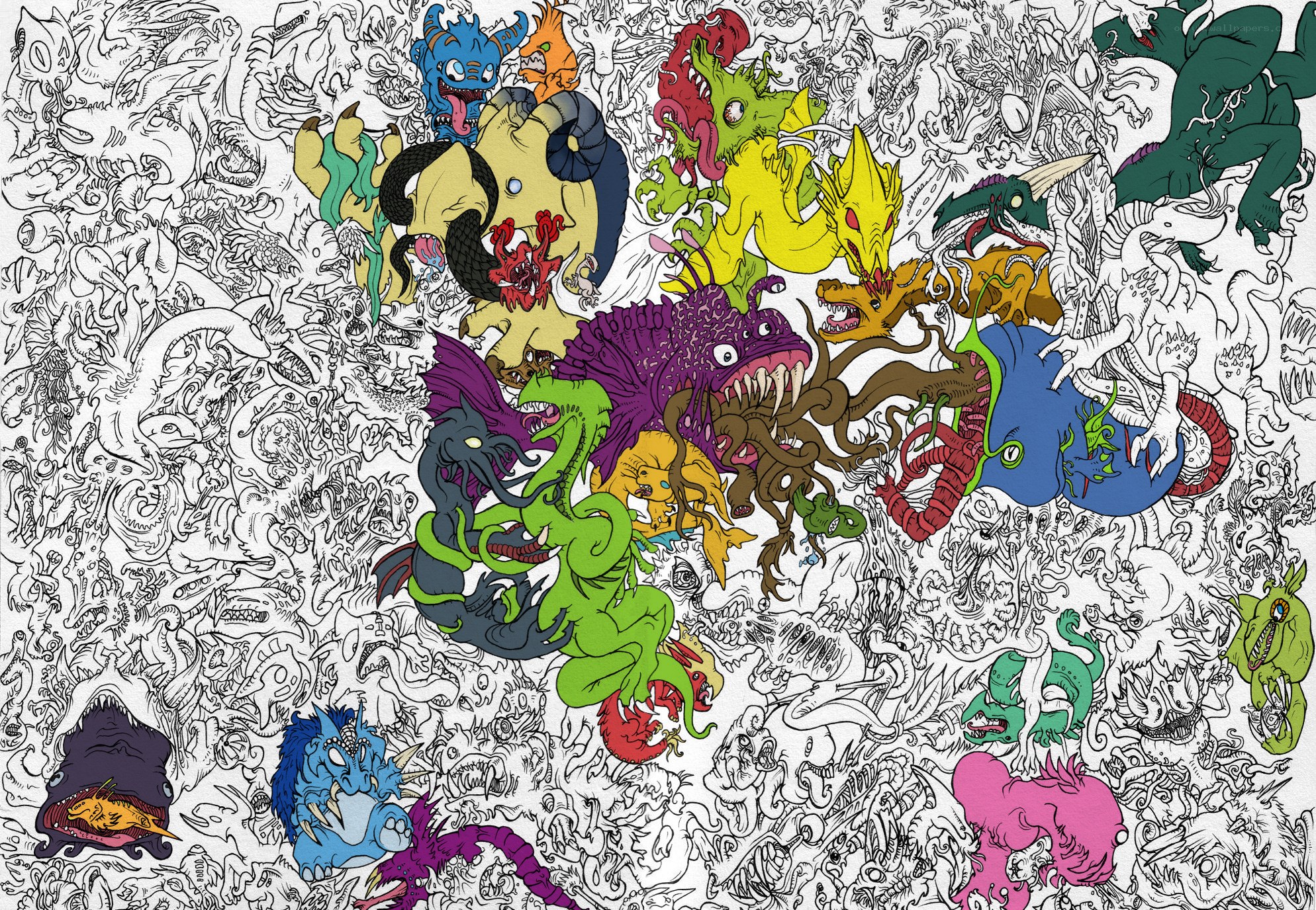 Colorful monster doodle collage