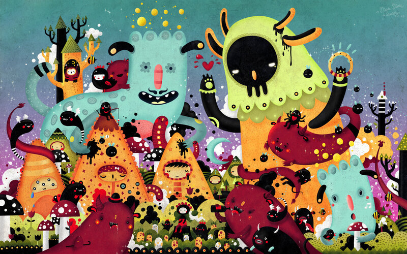 Colorful monster gathering