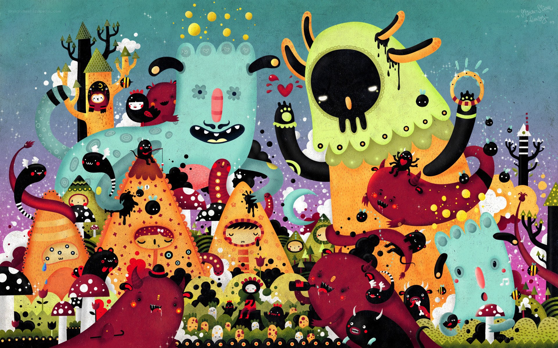 Colorful monster gathering