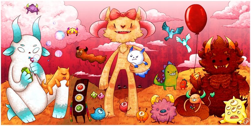 Colorful monster gathering