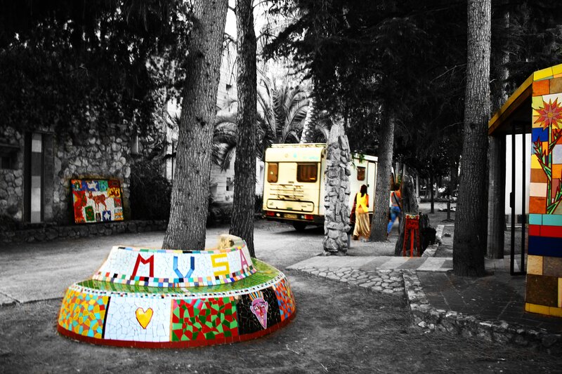 Colorful mosaic art in a park