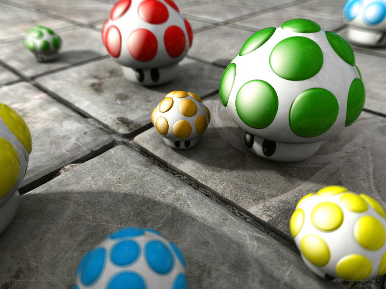 Colorful mushroom characters on stone