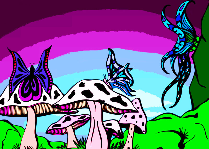 colorful mushrooms and butterflies