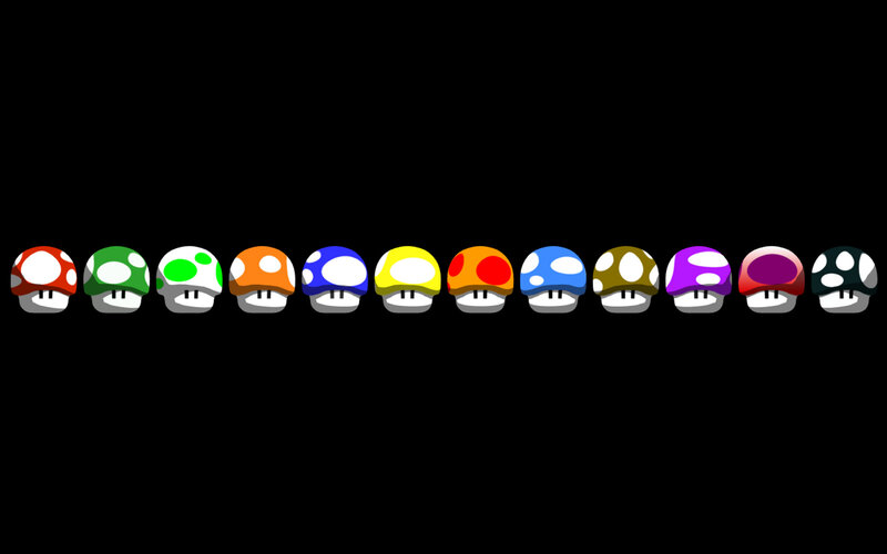 Colorful mushrooms in a row