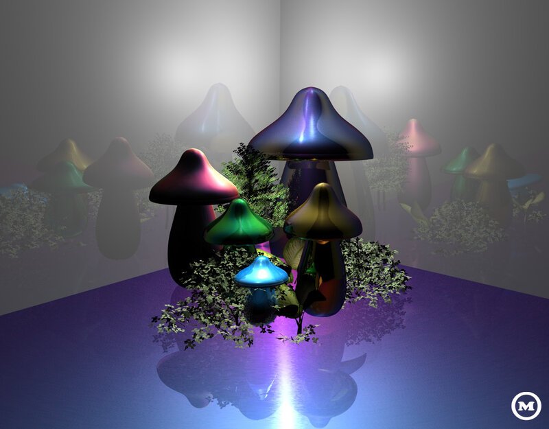 Colorful Mushrooms in Fog