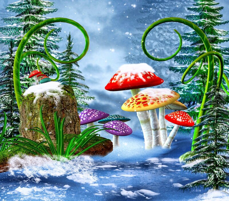 Colorful Mushrooms in Snow