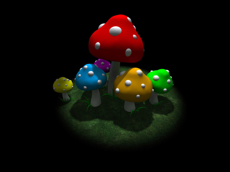 Colorful Mushrooms on Grass — Green