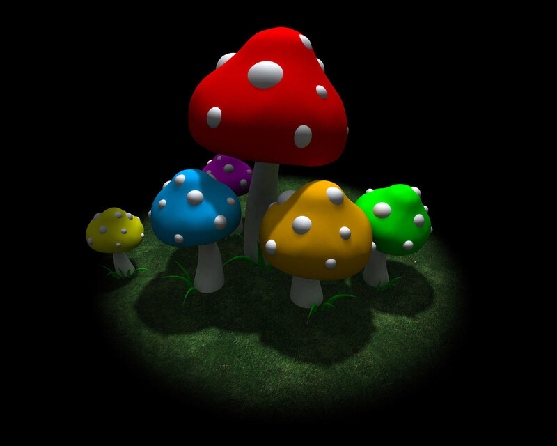 Colorful Mushrooms on Grass — Red, Whimsical, Night