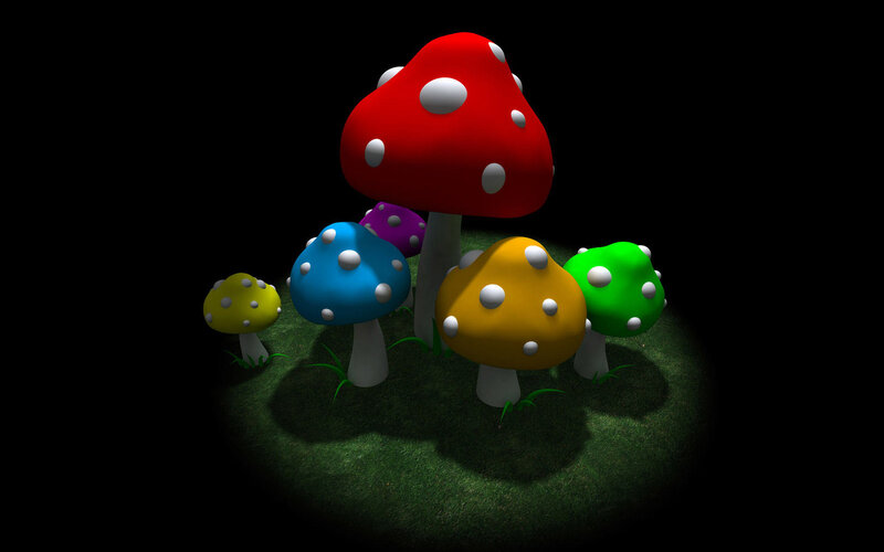Colorful Mushrooms on Grass — Red, Whimsical