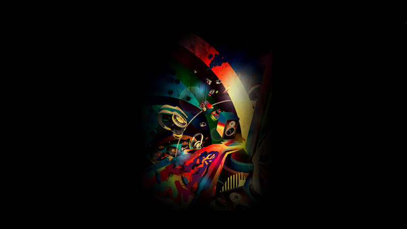 colorful music equipment collage