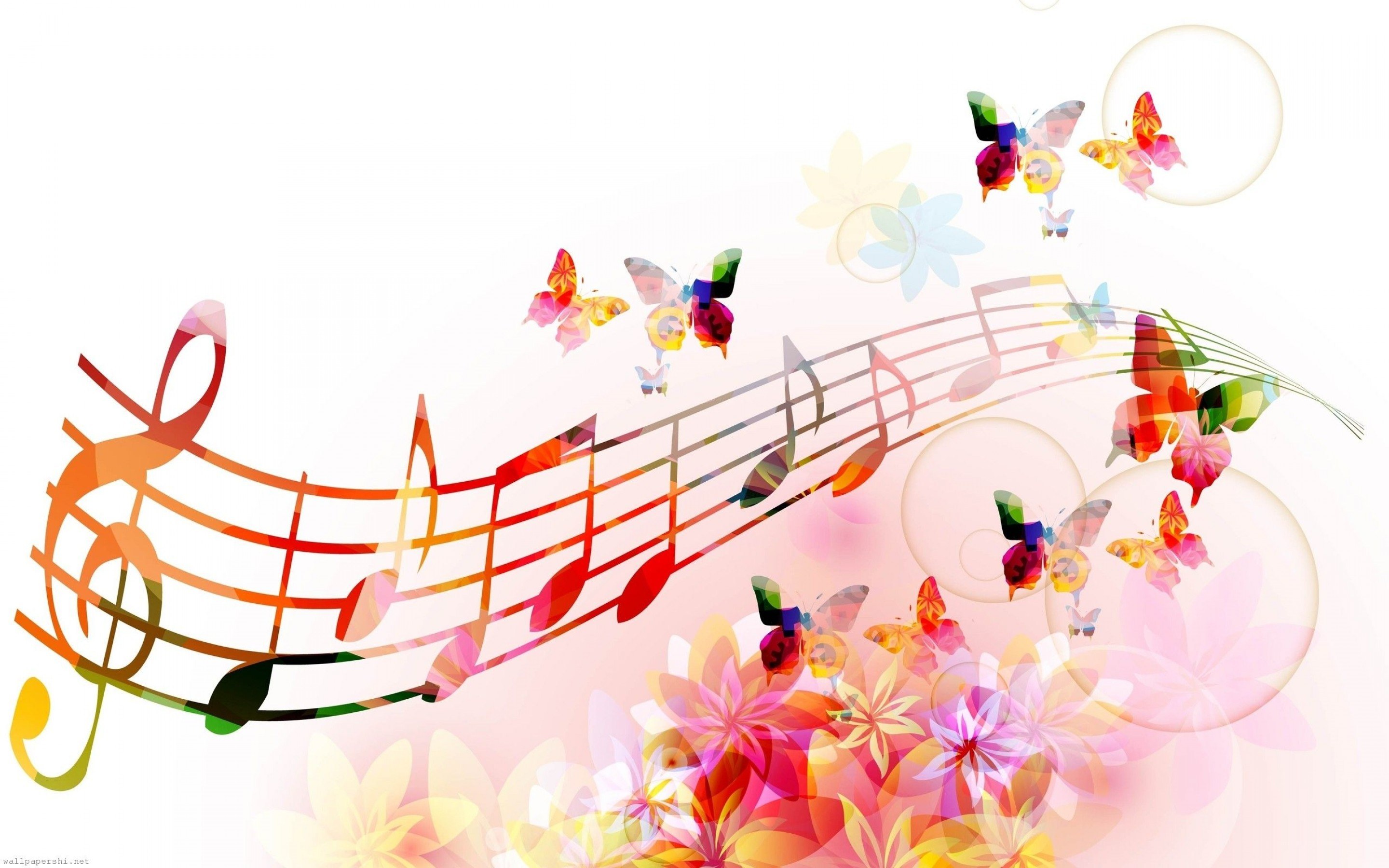 Colorful music notes and butterflies