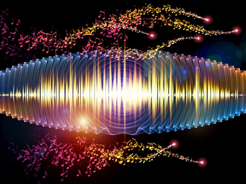Colorful music notes and sound waves