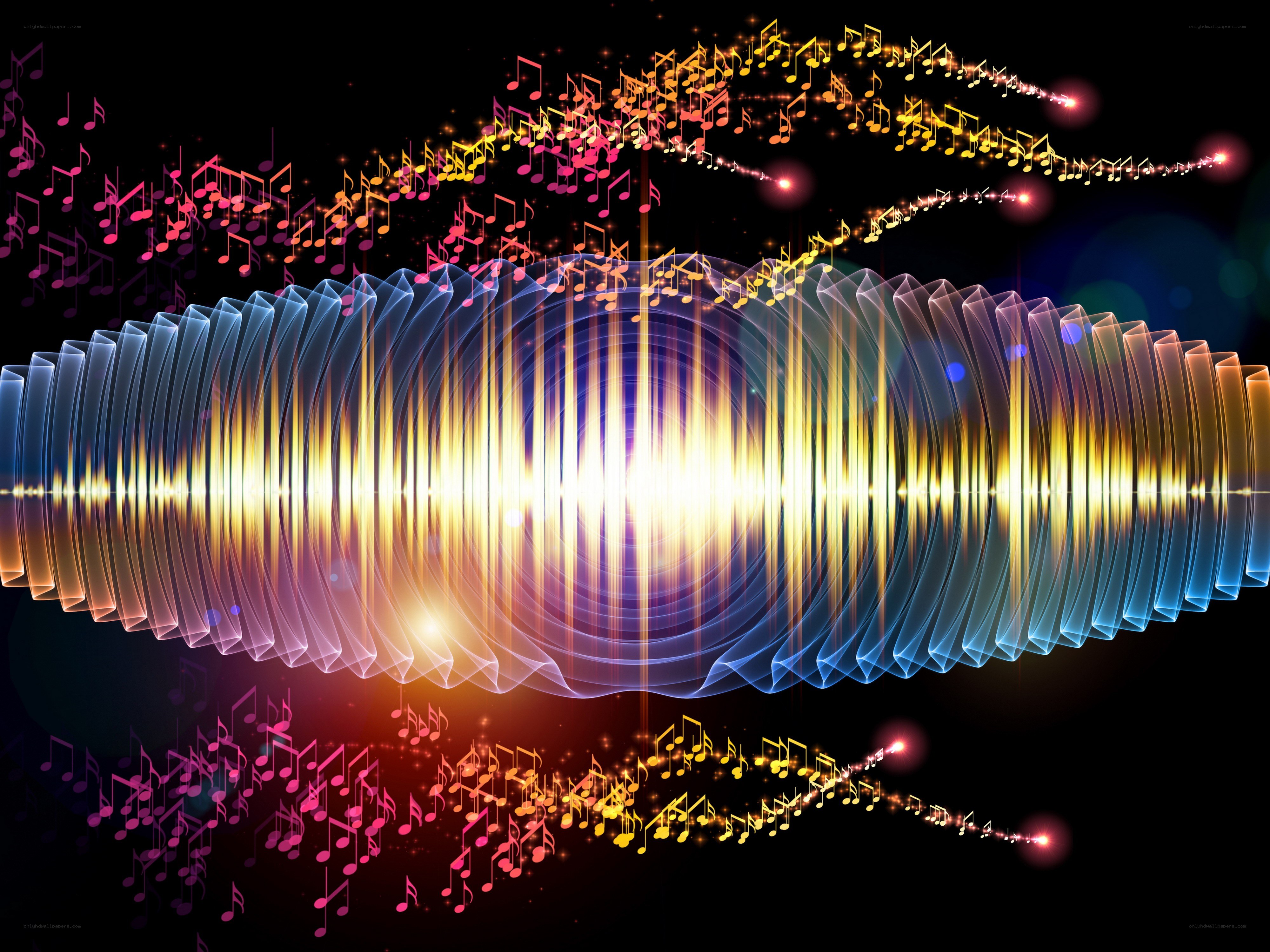 Colorful music notes and sound waves