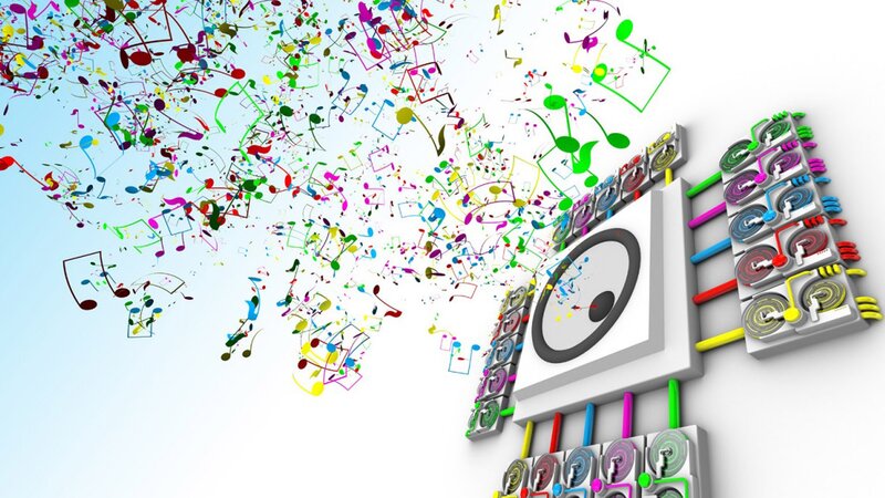 colorful music notes and speaker