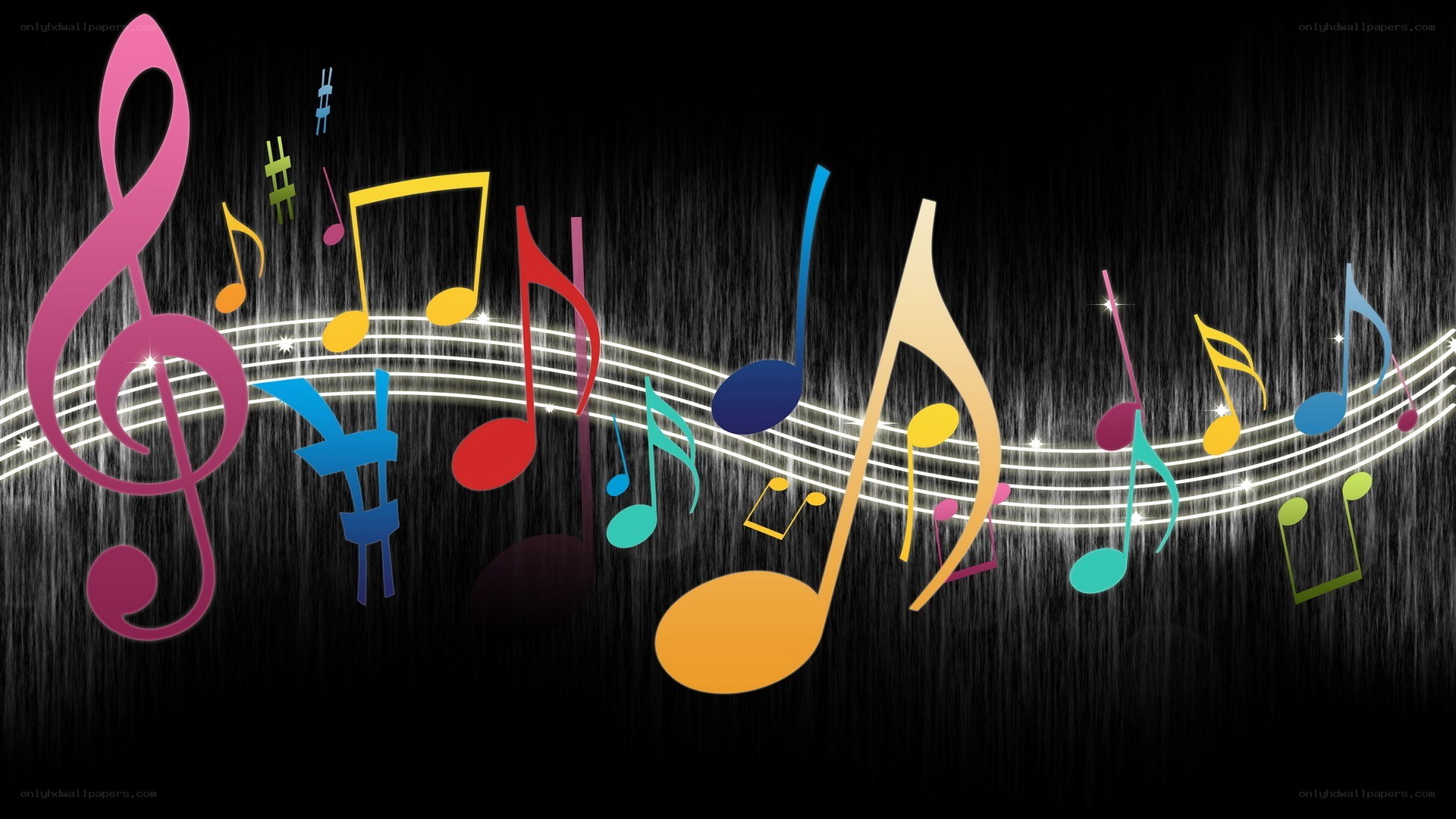 colorful music notes on black background