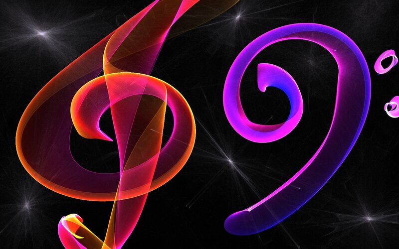 Colorful music symbols on black