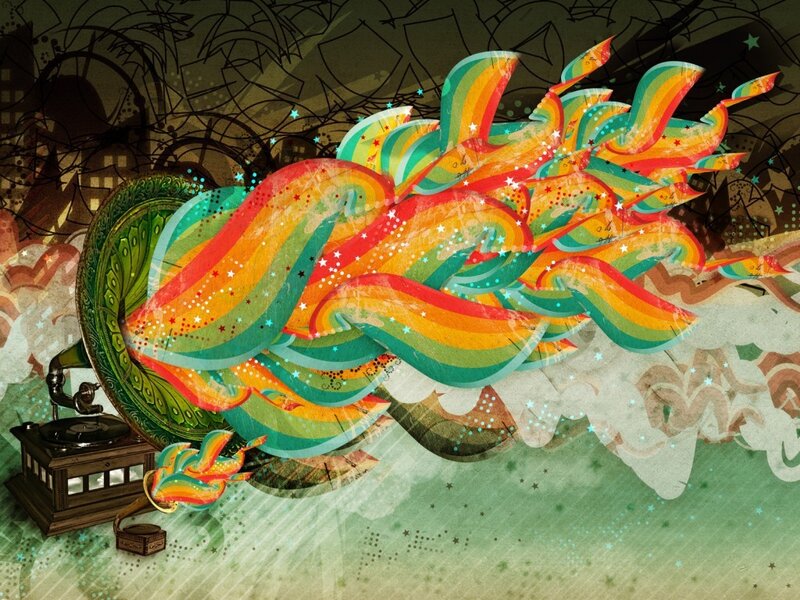 Colorful music waves from a gramophone