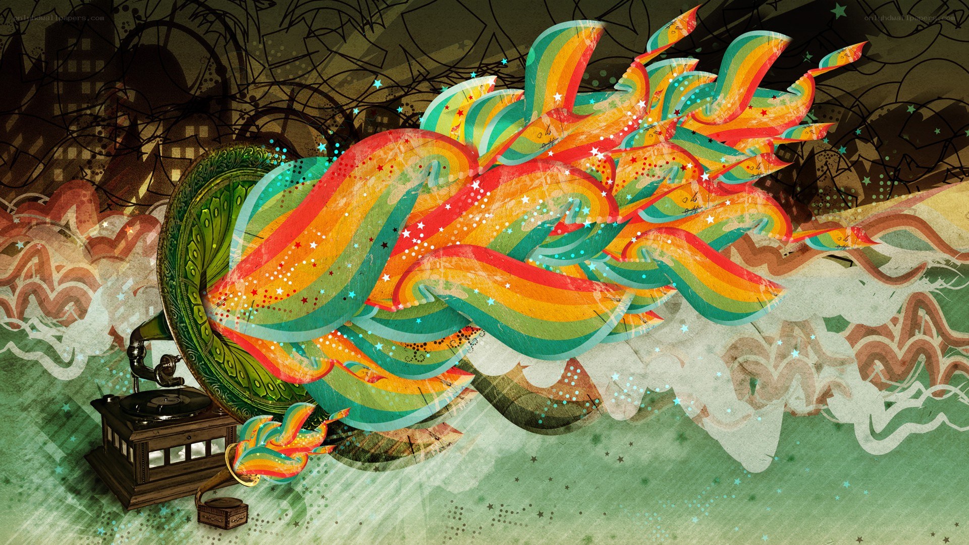 Colorful music waves from a gramophone