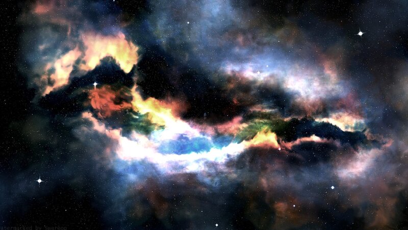 Colorful Nebula in Space — Blue, Cosmic, Night, Digital Art, Stars, Gas Clouds, Dust, Orange, Black, Watermarked by Swaroon