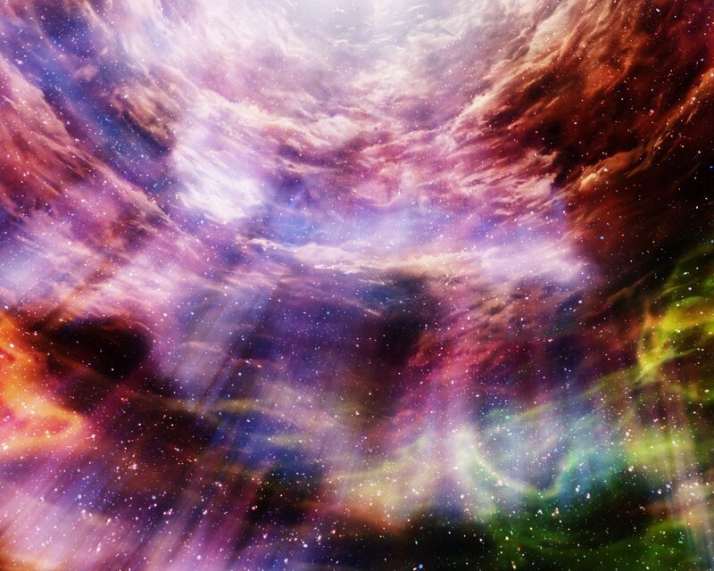 Colorful Nebula in Space — Purple, Cosmic, Digital Art, Stars, Gas Clouds, Light Rays, Pink