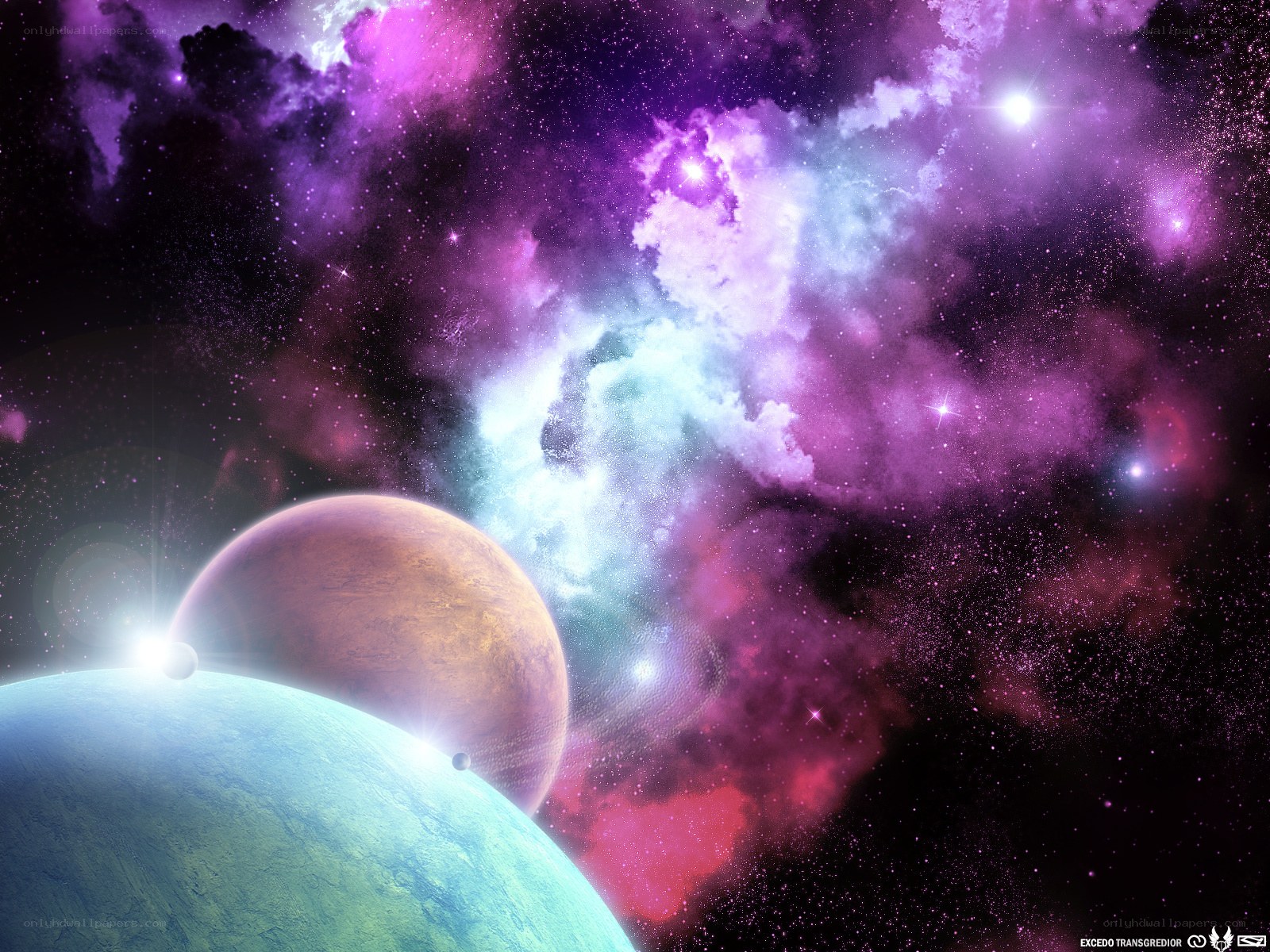 Colorful nebula with planets