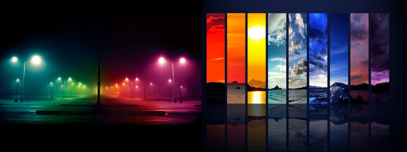 colorful night street and rainbow sky
