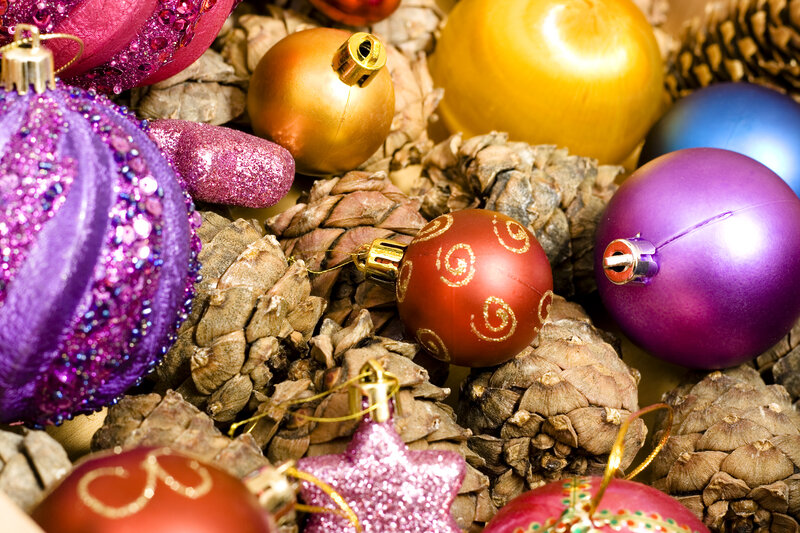 Colorful Ornaments and Pinecones