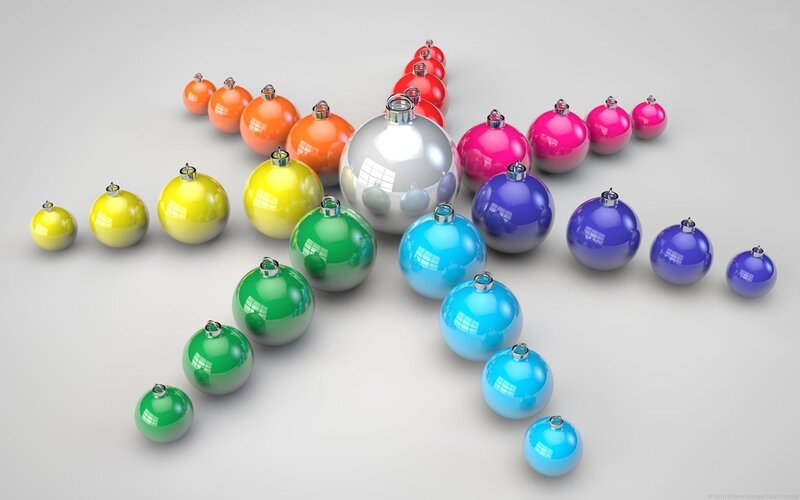 Colorful ornaments arranged in rainbow