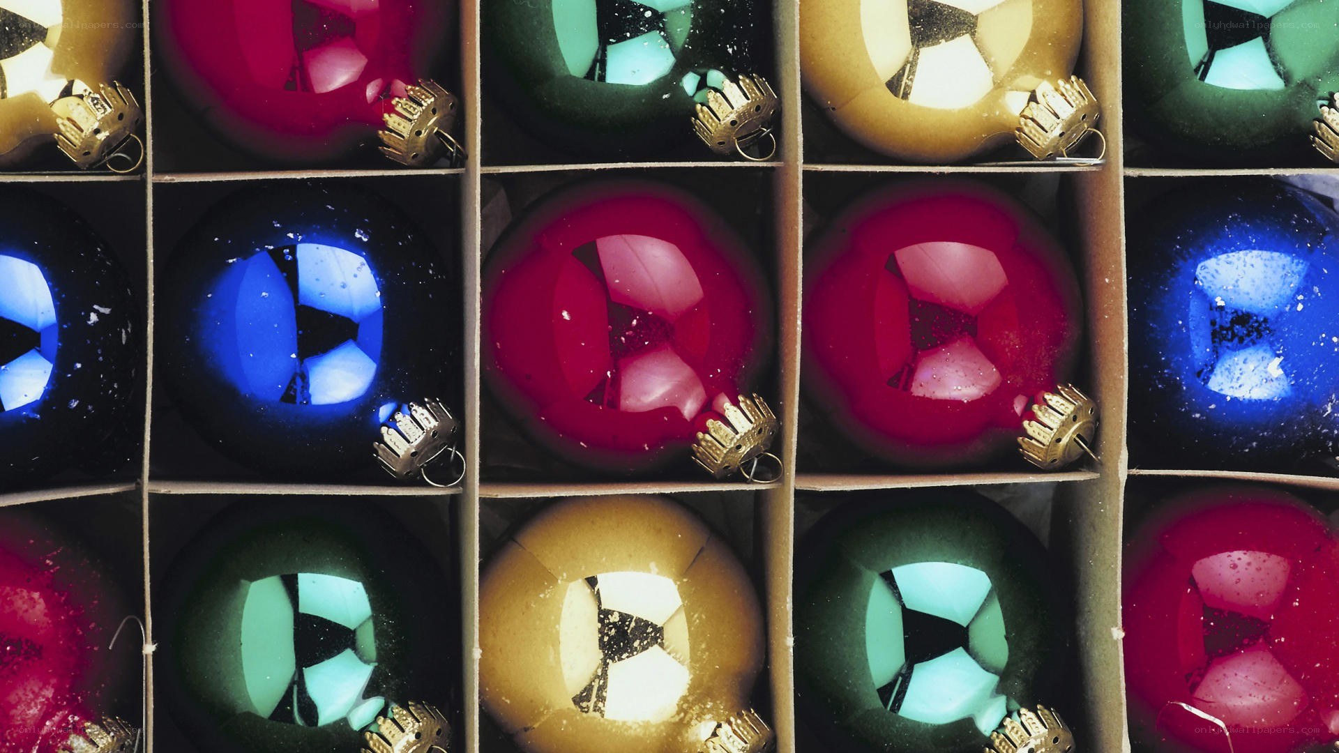 Colorful ornaments in a box