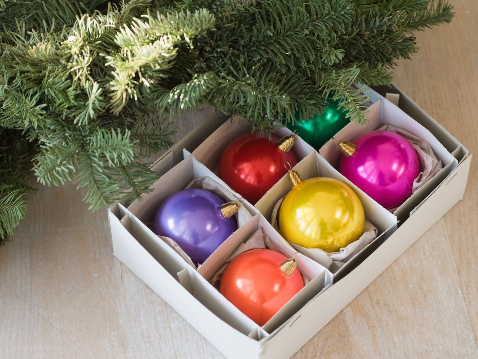 Colorful ornaments in a box
